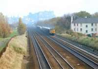 View east from the footbridge at Saughton in 1988 with a car train destined for Bathgate heading towards the camera, having come off the sub at Haymarket West Junction. <br><br>[John Furnevel 26/05/1988]