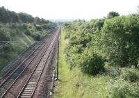 View east from Whitehill Farm Road bridge, Musselburgh, in 2010, looking along the ECML. The 1988 Musselburgh station is on the other side of the bridge behind the camera. The route of the former freight lines to Niddrie West has long since returned to nature. [See image 29553]<br><br>[John Furnevel 27/06/2010]