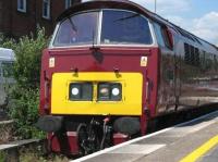 Running approximately an hour late D1015 <I>Western Champion</I> leads 6024 <I>King Edward I</I> into Exeter with the 'Steam Dreams' <I> Cornish Riviera Express</I> special. The train then reversed into Riverside Yard where D1015 came off and 5029 <I>Nunney Castle</I> joined 6024 for the run to Cornwall.<br>
<br><br>[Mark Poustie 26/06/2010]