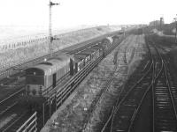 Class 20 no D8120 approaches Niddrie West Junction in February 1970 with an unfitted freight from Millerhill, possibly the 14.56 to Mossend running early. This was booked as a class 8 freight but the headcode discs have unhelpfully not been deployed on this occasion. On the right are NCB internal lines and exchange sidings with the headgear of Newcraighall's <I>Klondyke</I> Colliery (production ceased in 1968) standing in the right background.<br><br>[Bill Jamieson 04/02/1970]