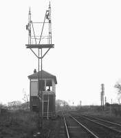The abandoned Polkemmet Junction signal box looking south-west towards the junction of the Morningside and Airdrie lines in February 1970.<br>
<br><br>[Bill Jamieson /02/1970]