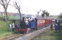 Scene at Castletown station, Isle of Man, following the eventful PS <i>Waverley</i> trip from Garlieston in April 1985. No 12 <I>Hutchinson</I> is seen here at the head of a special excursion from Douglas. [See image 29707]<br><br>[Colin Miller /04/1985]