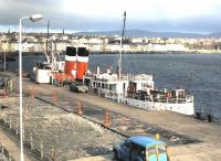 The former LNER paddle steamer <I>Waverley</I> moored at Douglas Isle of Man on the Sunday morning following the stormy crossing from Garlieston in April 1985. Photographed from the deck of an Isle of Man Steam Packet Co vessel bound for Heysham. [See image 29699]<br><br>[Colin Miller /04/1985]