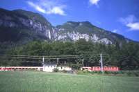 OBB electric service calling at the wayside station of Obersee on the cross-country Stainach Irdning to Attnang Puchheim line in 2002<br>
<br><br>[David Spaven //2002]