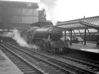 Gresley V2 no 60816 gets ready to take a northbound train out of  Carlisle in December 1963. The train in this case being the 0925 Crewe - Perth.<br><br>[Robin Barbour Collection (Courtesy Bruce McCartney) 28/12/1963]