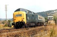 Deltic 9018 <I>Ballymoss</I> passing Grantshouse at 15.03 (2 minutes early) on Thursday 19th August 1971 with the down <I>Flying Scotsman</I> 10.00 ex-Kings Cross.<br><br>[Bill Jamieson 19/08/1971]