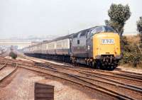 Deltic no 9009 <I>Alycidon</I> speeds past Ouston Junction on 20 August 1971 with the 13.05 Newcastle Central - Kings Cross service. The line to the left is turning west towards South Pelaw Junction where it will join the route to Consett.<br><br>[Bill Jamieson 20/08/1971]