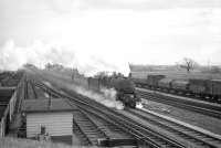 Black 5 no 44956 heads north away from Carlisle in the 1960s, having just passed Kingmoor shed in the left background.<br><br>[Robin Barbour Collection (Courtesy Bruce McCartney) //]