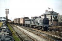 Haymarket J36 no 65243 <I>Maude</I> (once more awaiting her name being repainted on the splasher) brings a freight out of the sidings and past the signal box at Saughton Junction on 27 August 1959.<br><br>[A Snapper (Courtesy Bruce McCartney) 27/08/1959]