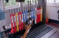 The lever frame in Blair Atholl signalbox. Taken in 1990. [See image 28087]<br><br>[Ewan Crawford //1990]