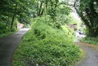 Site of the former L&D station at Bowling (closed 1951) in June 2010 with the trackbed east towards Glasgow heading off to the left. To the right is the path leading down from what is now a walkway/cycleway to the exit on Scott Avenue where the station frontage still survives [see image 29459]. <br><br>[John Furnevel 08/06/2010]