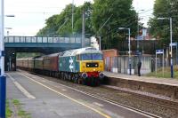 47580 <I>County of Essex</I> heads south on the Up fast through <br>
Leyland on 17 July 2010 with the return <I>Lakelander</I> tour from Ravenglass to Leicester. 47580 had rescued the tour from Ravenglass following the failure of Black 5 no 44932. <br>
<br><br>[John McIntyre 17/07/2010]