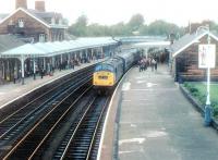 An EE Type 4 arrives at Dumfries on 18 May 1976 with a southbound service.<br><br>[John Furnevel 18/05/1976]