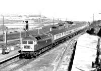 A southbound ECML service arrives at Berwick in August 1981 as a freight leaves the sidings for the north.<br><br>[John Furnevel 10/08/1981]