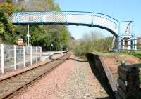 Looking east towards Dalmally and Crianlarich through Loch Awe station in April 2005. The Loch Awe Hotel is off to the left at the top of the stairway from the platform. [See image 3603]<br><br>[John Furnevel 15/04/2005]