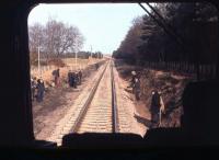 New single track replaces the former double track route between Inverness and Nairn, as seen from the front of an Aberdeen bound DMU in the late 1960s.<br><br>[Frank Spaven Collection (Courtesy David Spaven) //]