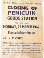 Despite closure to passengers in 1951 Penicuik remained open for goods traffic for another sixteen years, due mainly to the surviving paper mills along the Esk valley. The branch eventually closed completely in 1967, as the final withdrawal notice bears witness.<br>
<br><br>[Jim Peebles 27/03/1967]