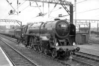 Britannia Pacific no 70038 <I>Robin Hood</I> photographed at Stockport on 2 July 1967. The Pacific is about to take over an SLS railtour recently arrived behind an electric locomotive from Birmingham New Sreet. 70038 will then take the train on to York via the Standedge route [see image 30101].<br><br>[Robin Barbour Collection (Courtesy Bruce McCartney) 02/07/1967]