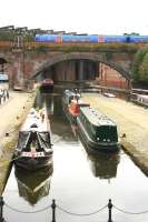 A First TransPennine train crosses Castlefield Viaduct, Manchester, on 28 September 2009.<br><br>[Ian Dinmore 28/09/2009]