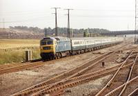 An unidentified class 47 with a nice-looking rake of new Mk2d coaches (the Mk1 buffet car is far enough back to hardly spoil the overall effect) is on the last lap off its journey with the 11.00 Kings Cross - Newcastle, seen here passing Lamesley on 20 August 1971.<br>
<br><br>[Bill Jamieson 20/08/1971]