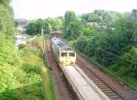 The 6K27 Carlisle Yard to Crewe infrastructure train climbs the 1:92 bank south of Lancaster behind 66508. The train is just approaching the site of Lancaster Old Junction where the Lancaster and Carlisle Railway joined the original Lancaster and Preston Junction Railway. The branch to the original Lancaster Greaves terminus [See image 18309] closed to passengers in 1849 but survived for goods traffic until 1967 although housing has now been built on the old formation, as seen to the left of the locomotive.  <br><br>[Mark Bartlett 27/07/2010]