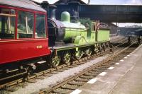 No 49 <I>Gordon Highlander</I> with former <i>Devon Belle</i> observation car SC281 at Dumfries on 13 June 1959 during the visit by the SLS <I>Golden Jubilee Special</i> from Glasgow. Dumfries shed stands on the other side of St Mary's Street road bridge.<br><br>[A Snapper (Courtesy Bruce McCartney) 13/06/1959]