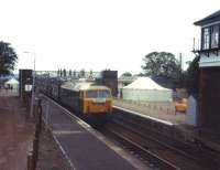 47709 <I>The Lord Provost</I>, with the inaugural train from Dyce on the re-opening of the station on 15 September 1984. A special hospitality tent was erected on the location of the Formatine and Buchan platforms which had been filled in to act as a car park.<br><br>[John Williamson 15/09/1984]