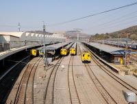 Pretoria, along with all of South Africa's major rail centres, has a large suburban rail network operated by Metronet. Here we see five Metronet EMUs at Pretoria, the one second from left is a newer version. There are more platforms under the white curved canopies. <br>
<br><br>[John Gray 07/08/2010]
