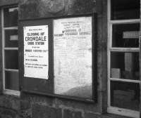 Closure notices on display at Cromdale station on 2nd November 1968. In these pre-vandalism days, the notice advising passenger closure three years earlier still survives!<br><br>[David Spaven 02/11/1968]