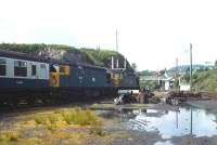 A pair of Type 2s with a special at Kyle of Lochalsh in 1977, locomotive 26019 is nearest the camera.<br><br>[Bruce McCartney //1977]