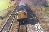 Sporting the locomotive equivalent of a <I>black eye,</I> EE Class 40 no 40133, of the split headcode variety, has the throttle wide open as it leaves Kirkham. The train, heading back towards Preston from Blackpool North, is a summer Saturday extra service on the August Bank Holiday weekend 1982. The scrubland to the right of the picture marks the path of the former slow lines.<br><br>[Mark Bartlett 28/08/1982]