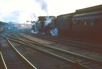 Black Fives 44781+44871 stand at Carlisle station with the BR <I>Fifteen Guinea Special</I> on 11 August 1968. The train is about to start the return journey to Manchester and Liverpool on the day prior to the introduction of BR's main line 'steam ban'. [See image 30346]<br><br>[Bruce McCartney 11/08/1968]