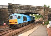 DBS Class 60 no 60074 <I>Teenage Spirit</I> runs south through Sanquhar in July 2010. [The locomotive had received its name and powder blue livery at the NRM in York as part of a charity event for the Teenage Cancer Trust.] <br>
<br><br>[Peter Rushton /07/2010]