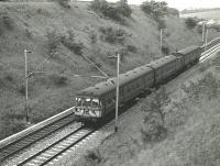 First day of electric services. The 14.35 Wemyss Bay to Glasgow Central seen shortly after passing through Bishopton non-stop on 5 June 1967.<br>
<br><br>[Colin Miller 05/06/1967]
