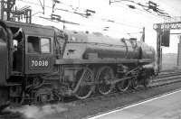 Britannia Pacific no 70038 <I>Robin Hood</I> about to take over an SLS railtour from an electric locomotive at Stockport on 2 July 1967. The special, which had originated from Birmingham New Street, would next head for York via the Standedge route behind the Britannia. [see image 30101].<br><br>[Robin Barbour Collection (Courtesy Bruce McCartney) 02/07/1967]