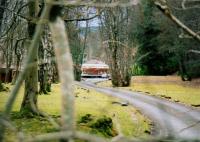 This is how I first saw Lochearnhead station in about 1995, an almost heavenly vision through mist and trees. On a more earthly note, there were two notices on the approach road: one said 'Strictly Private', the other said 'Visitors Welcome'.<br><br>[Ken Strachan 16/03/2010]