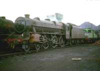 Black 5 no 44767 photographed on Kingmoor shed in 1966, with the 'in transit' 26501 standing beyond [see image 30700]. The 5 was officially withdrawn from here on the last day of 1967.<br><br>[Robin Barbour Collection (Courtesy Bruce McCartney) //1966]