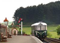 <I>Where did you get that hat?</I> The AC railcar leaving Weybourne on the North Norfolk Railway in May 2010. <br><br>[Ian Dinmore /05/2010]