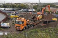 View from the site of Coltbridge Junction Signalbox looking south east with new plant being delivered to the Edinburgh tram works.<br><br>[Bill Roberton 27/09/2010]