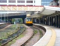 The 12.29 service from Leeds, formed by unit 142089, arrives at Harrogate on 27 September. The train will continue forward as the 13.05 to York.<br><br>[John Furnevel 27/09/2010]