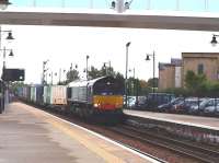 DRS 66420 passing through Stirling on 2 October with a Grangemouth -<br>
Aberdeen intermodal.<br>
<br><br>[Brian Forbes 02/10/2010]