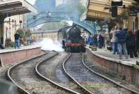 Ex-SR class S15 4-6-0 No 825 arrives at Pickering on 28 September with a through service from Whitby. Plans are now in place to construct an overall roof here by the middle of next year [See image 34769].<br><br>[John Furnevel 28/09/2010]