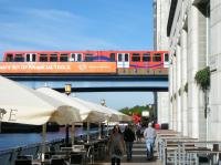 A DLR train leaving Canary Wharf in September 2010. <br><br>[Veronica Clibbery 18/09/2010]