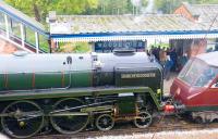 71000 <I>Duke of Gloucester</I> at Quorn on 10 October with the Gresley 'Beavertail' observation coach.<br>
<br><br>[Peter Todd 10/10/2010]