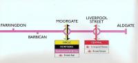 Something which strap-hangers have found themselves nose to nose with for generations: a line diagram from a London Underground car. This is a scan of part of a 5-foot long Metropolitan Line diagram from A60 stock. It bears no imprint date, but as Liverpool Street is shown as an interchange point for Broad Street BR station it cannot date from after the closure of poor old Broad Street in 1986. At least Paul McCartney lamented its passing. (Railscot note: ...and at least one other person [see image 5262])<br><br>[David Panton //1985]