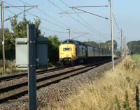 Deltic 55022 <I>Royal Scots Grey</I> on the back of the BLS 'Ribble Lune Railtour' on 10 October 2010. The train is heading north from the foot crossing at the site of the former Brock station. <br>
<br><br>[John McIntyre 10/10/2010]