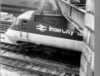 This may look like a nasty accident, but the HST is passing under the road bridge to the West of Newport station in 1987. There is a pub just behind the photographer called <I>The Engineer's Arms</i> - scene of many a whizzo evening when I lived in Wales.<br><br>[Ken Strachan //1987]