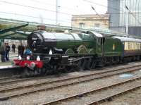 Ex-GWR <i>Castle</I> class 4-6-0 no 5043 <I>Earl of Mount Edgcumbe</I> at Carlisle on 16 October 2010 ready to return south with <i>The Pride of Swindon</I> railtour from Tyseley which it had brought in earlier via the S&C from Hellifield. [See image 32563]<br><br>[Ken Browne 16/10/2010]