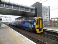 158867 in Saltire livery stands at Edinburgh Park station on 18 October 2010.<br><br>[John Yellowlees 18/10/2010]