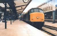 Down but not out! In April 1987, the 45s had little time left on passenger services - but this one still looks fit to head for Leeds - at around 19.05, according to the Chester platform clocks.<br><br>[Ken Strachan 24/04/1987]